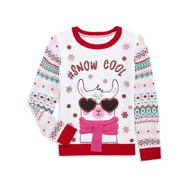 Little Girl's Cool Llama Jacquard Sweater 1 Little Girl's Cool Llama Jacquard Sweater