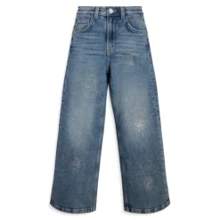 Guess Girl's Rhinestone-Artwork Wide-Leg Jeans